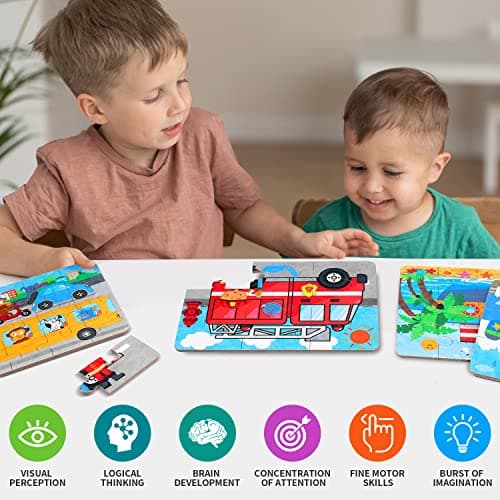 BBLIKE Boîte de 4 Puzzles en Bois pour Enfants, avec différents degrés de difficulté, Outil d'apprentissage éducatif - Meilleur Cadeau d'anniversaire pour garçons et Filles (série de Transport)