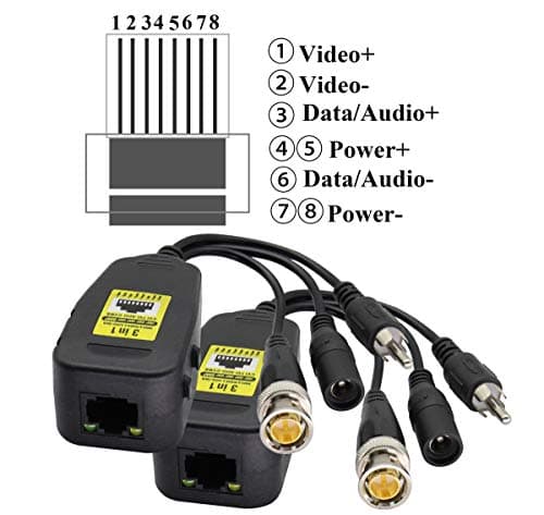 AAOTOKK BNC à RJ45 Émetteur-Récepteur DC Power Passive Audio Video Balun HD-CVI/TVI/AHD/CVBS avec Prise DC pour 720P-1080P 3MP 4MP 5MP 8MP CCTV Security DVR Système Caméra Surveillance (19cm/4Paires)