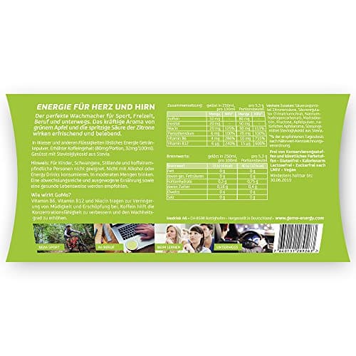 GoMo ENERGY® Boisson de vitalité 100% naturelle sans sucre | Stimulation physique et mentale | Plus d’énergie et de concentration | Végane hypocalorique édulcorée avec stevia | SOUR APPLE 30 portions