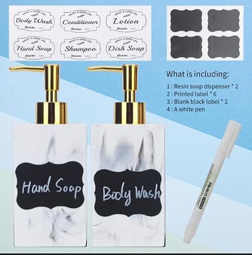 Dispenseurs de Luxe Fini Marbre - 500ml, Lot de 2 avec Pompes Dorées & Étiquettes Étanches - Idéal pour Comptoir, Douche, Rangement de Shampoing, Savon, Lotion - Blanc