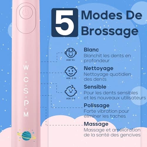 Seago brosse à dents électrique rechargeable pour enfants, brosse à dents électrique enfant avec autocollants DIY drôles, minuterie de 2 minutes, 4 têtes de brosse SG2303(rosa)