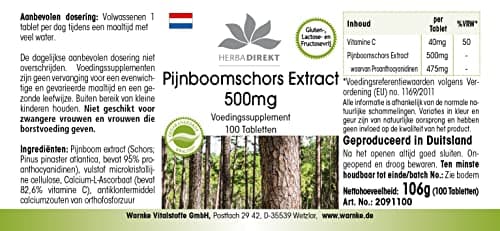 Extrait d'écorce de pin 500mg - hautement dosé - vegan - 100 comprimés - avec vitamine C | Warnke Vitalstoffe - Qualité des pharmacies allemandes