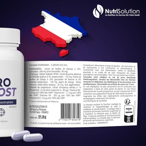 Neuro Boost par Nutrisolution - Boost Cognitif & Énergie, Vitamines B, Ginkgo Biloba, Bacopa, Acide Alpha Lipoïque, Végétalien, Fabriqué en France
