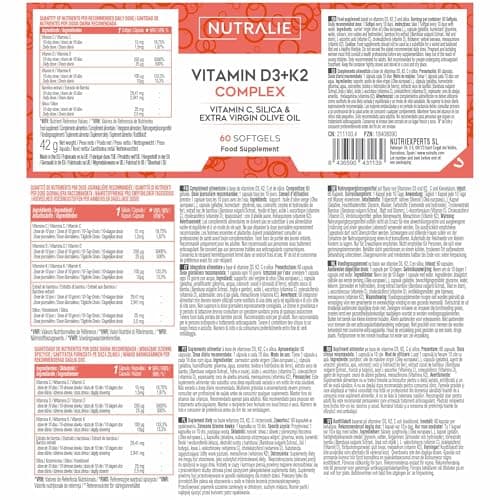 Vitamine D3 K2 (MK7) Haute Dose 10000 UI - Vit C + Huile d'Olive - 20 Mois Traitement - Os Muscles Système Immunitaire - Vitamine D BIO-disponible avec Vitamine K2 C et Silicium - 60 Gélules NUTRALIE