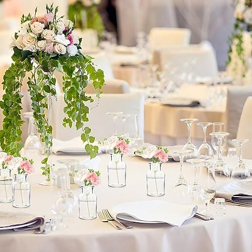 Glovios Petits Vase en Verre Lot de 12 Mini vases en Verre Transparent Vase Mariage 10,3cm de Haut Mini Vase decoratif avec de la 5m Ficelle de Jute soliflore en Verre Petits Vase Fleur Deco Table