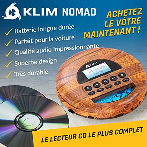 KLIM Nomad Wood - Nouveauté 2024 - Lecteur CD Portable - Batterie Intégrée Longue Durée - Écouteurs KLIM Fusion - CD-R, CD-RW, MP3 - Lecteur TF, Mini Radio Portable, Bluetooth - pour la Voiture