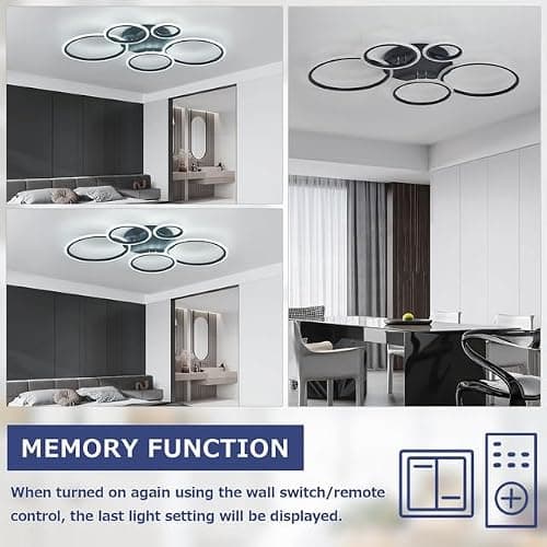 KeLuKes Plafonnier LED Chambre, Lustre LED Salon avec Télécommande, Fonction Mémoire, 3000k-6500k, Minuterie, Plafonnier Anneaux de 100cm, Noir