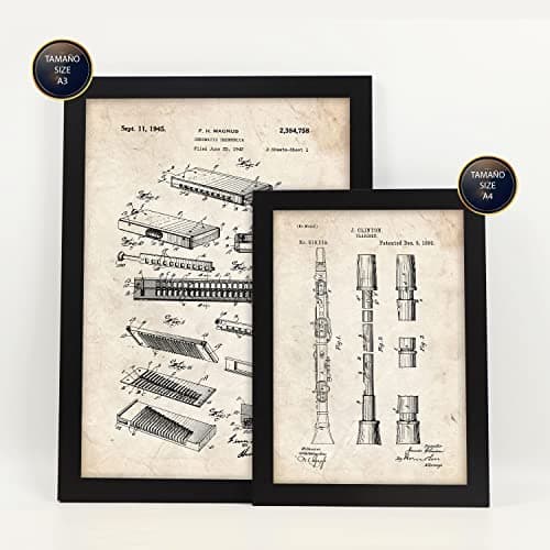 Nacnic Ensemble de 6 affiches de brevets Instrument à vent. Affiches avec des illustrations de brevets rétro pour votre maison. Décoration intérieure de style vintage. Formats A4 et A3. Avec cadre.