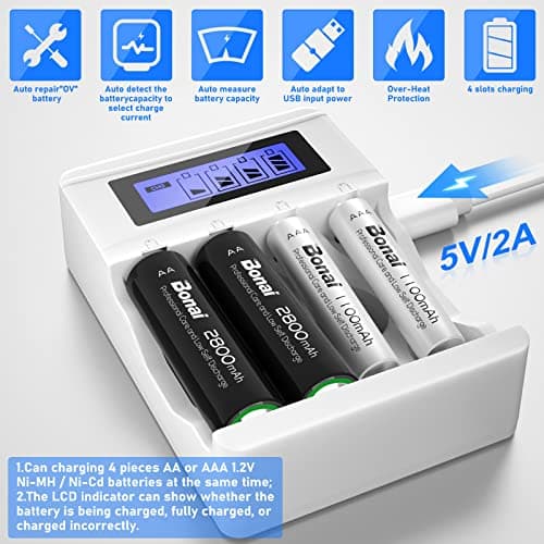 BONAI Chargeur Piles Rechargeable, 4 Slots LCD Charge Rapide de pour Ni-MH/Ni-CD AA AAA Rechargeable Pile avec Port USB