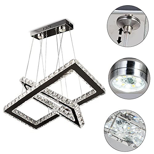 Lustre moderne en cristal rectangulaire à 2 anneaux en acier inoxydable pour salle à manger, salon, chambre à coucher (blanc froid)