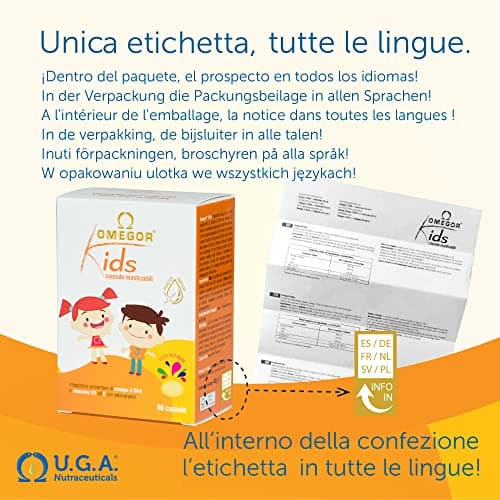 Gélules Omegor Kids | 250 mg d'oméga-3 DHA pour les enfants | Gélules molles exquises à croquer, créées à partir de gélatine de poisson | Goût sucré - Saveur délicate multifruits, 60 gélules