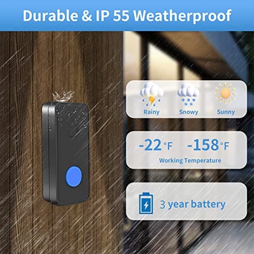 Nestling Sonnette sans Fil, Mini Sonnette de Porte IP55 Exterieur Étanche Kit de Carillon Electronique Portée 300M, 55 Mélodies au 5 Niveaux Volumes, LED Bleu pour Maison Bureau Hôtel Urgence, Noir