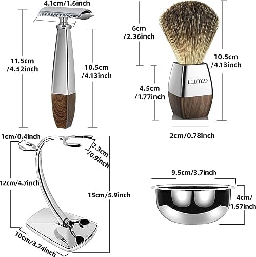 GRUTTI Ensemble de rasage, rasoir de luxe chromé et support de brosse avec bol de savon et brosse de rasage pour cheveux de blaireau et lame double tranchant compatible avec rasoir de sûreté