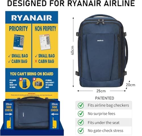 ECOHUB Bagages Cabine 40x20x25 Sac a Dos Voyage Ryanair sous Siège 13 Poches Sac a Dos Cabine Avion Valise Cabine Femme Homme Petite Sac Cabine Recyclable Pet Ecologique 20L Loisir, Brevetée, Bleu
