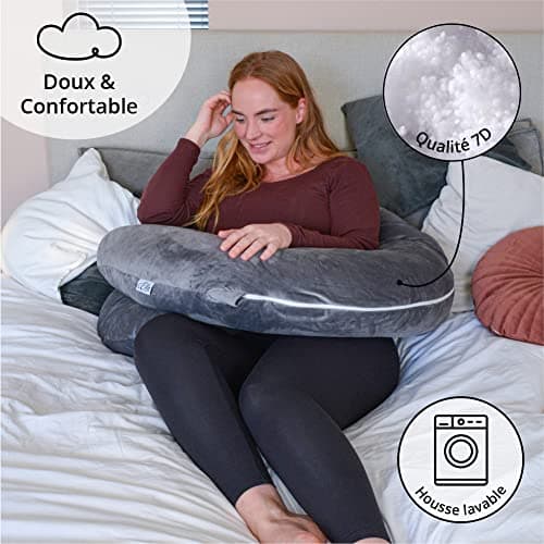 Ella Coussin de Grossesse - Coussin de Maternité et Corps Forme en C, Personnes Qui Dorment sur Le Côté - Rembourrage Polyester, Housse Amovible & Lavable en Minky Oreiller de Grossesse, 150x70cm Gris