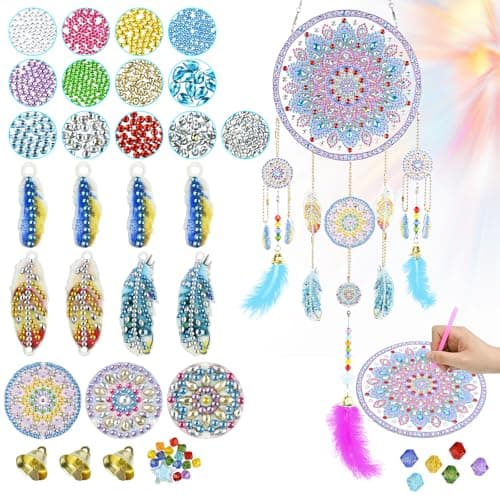 Ulikey Kit Diamond Painting Enfant, Kit de Bricolage Dreamcatcher, Bricolage Enfant, Pendentif et Cloche avec Plume, Capteur de Rêves, Activité Détente et Créative Enfants à Partir de 5 Ans (Style 2)