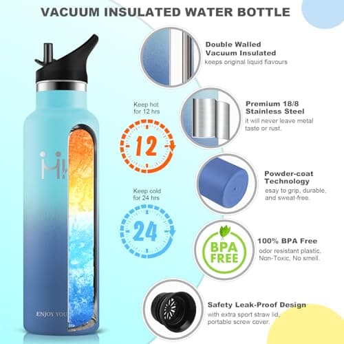 HoneyHolly Gourde Isotherme - Bouteille Isotherme 1L - Gourde INOX avec Paille - Gourde Sport Étanche - 18/8 Acier Inoxydable, Bouteille d'eau pour Sport, Randonnée, École, Bureau