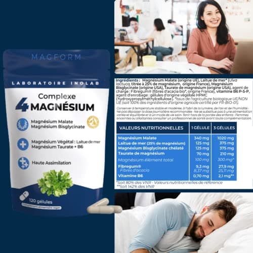 INOLAB SYNERGIE 4 MAGNESIUM 1980mg/jour & B6 | Bisglycinate + Malate + Végétal bio + chélaté Taurine| 300mg Mg pur/jour |Tolérance et Assimilation supérieures au Mg Marin | Qualité Premium