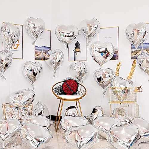 Ballon Coeur Argent 20 pièces baudruche en Forme de Coeur 18 Pouces Ballons de Fleuret, Ballon Helium Coeur pour la décoration de l’Engagement de Mariage La Saint-Valentin