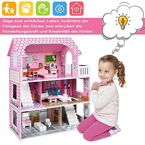 VA-Cerulean Maison de poupée en bois avec meubles, kit de jeu princesse villa de poupée, simulation rose, maison de poupée pour enfants à partir de 3 ans, jeu de puzzle, scénario (type A)
