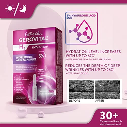 Sérum à l'Acide Hyaluronique pour Visage, Traitement Anti-Rides, Effet Très Hydratant, Régénérant et Antioxydant, Non Injectable, 10 flacons x 2 ml, Gerovital H3 Evolution