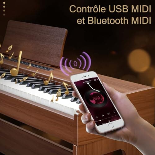 LEADZM Piano Numérique 88 Touches, Clavier Entièrement Lesté, Piano Électrique avec Double Bluetooth et Haut-Parleurs Stéréo, 128 Sonorités et Rythmes, Système à 3 Pédales, Noyer Noir