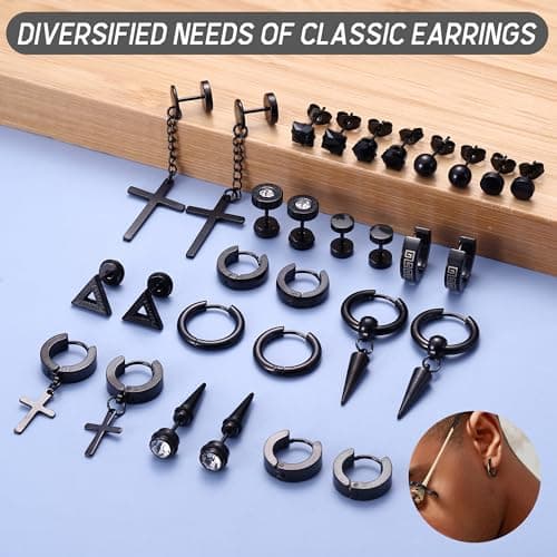 JeweBella 15Paires Boucles d'Oreilles Homme Acier Inoxydable Boucles d'Oreilles Créoles Boucles d'Oreilles Pendantes Croix Piercing Cartilage Boucles d'Oreilles Noires/Argent pour Hommes Femmes