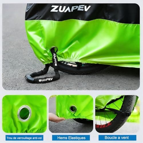 ZUAPEV Housse Velo Exterieur Protection, Bache Velo Exterieur Impermeable 210D Bâche Vélo Etanche, Protege velo Pluie Couverture 1 Velo de Course/Route/ VTT/Electrique/Ville/Enfant,195x70x110cm