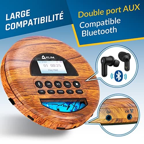 KLIM Nomad Wood - Nouveauté 2024 - Lecteur CD Portable - Batterie Intégrée Longue Durée - Écouteurs KLIM Fusion - CD-R, CD-RW, MP3 - Lecteur TF, Mini Radio Portable, Bluetooth - pour la Voiture