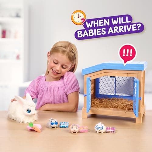 Little Live Pets Mama Surprise - Lapin Occupe-toi de la Maman Elle Attend 3 bébés ! Lapin interactif et Set de Jeu clapier Plus de 20 Sons et réactions Accessoires pour Les bébés À partir de 4 Ans