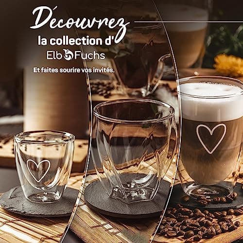 ElbFuchs® Tasses double paroi [4x 350ml] IDÉE CADEAU avec COEUR | Verre double paroi idéaux comme tasse cappuccino ou verre latte macchiato | Tasse à café original | Tasse transparente