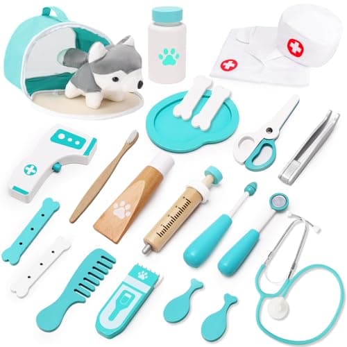 TGTT Castle Malette Docteur Enfant, Vétérinaire Enfant en Bois, Malette Docteur avec Chien la Peluche, Docteur avec Robe de Médecin et Chapeau, pour Fille Garcon 3+ Ans