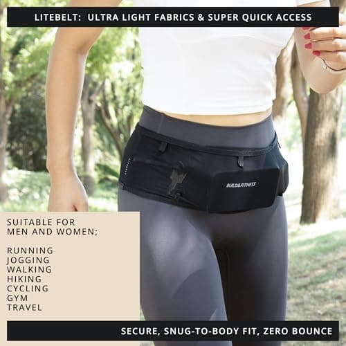 Build & Fitness LiteBelt Ceinture de Course – 4 Poches à accès Rapide sur Le Dessus – Super légère, Fine, Support de téléphone de Course – Convient à Toutes Les Tailles de téléphon S