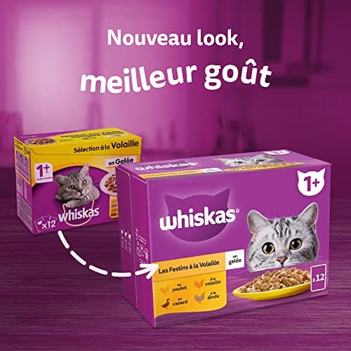 WHISKAS Repas pour Chat - 52 Sachets Fraîcheur (Lot de 13 Packs 4x85g) - Festins à la Volaille (2 saveurs) - Pâtée pour Chat Adulte en Sauce. Nourriture Humide Complète Adaptée aussi Chats Stérilisés