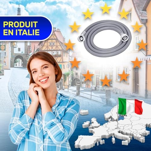 Tuyau Machine à Laver et Lave Vaisselle 2 m pour Arrivee Deau pour Températures de 25°C Pression de 20 à 60 Bar Connexion est Droite et Coudée Ø 3/4" - MADE IN ITALY - MONTERAL