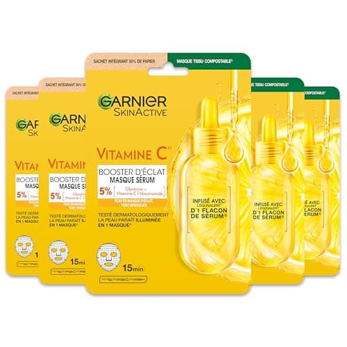 GARNIER Skin Active - Lot De 5 Masques Tissu Booster D'Éclat - Illumine, Hydrate & Repulpe La Peau - Vitamine C Et Acide Hyaluronique - Vegan & Cruelty Free - Peaux Ternes - x5