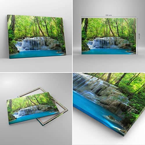 Deco Cadre Décoration Salon Cascade Forêt environnement Moderne Impression sur Toile 120x80cm Image Tableau Decoration Murale Chambre Horizontal Art Wall Tableaux Decoratifs Muraux AA120x80-2664