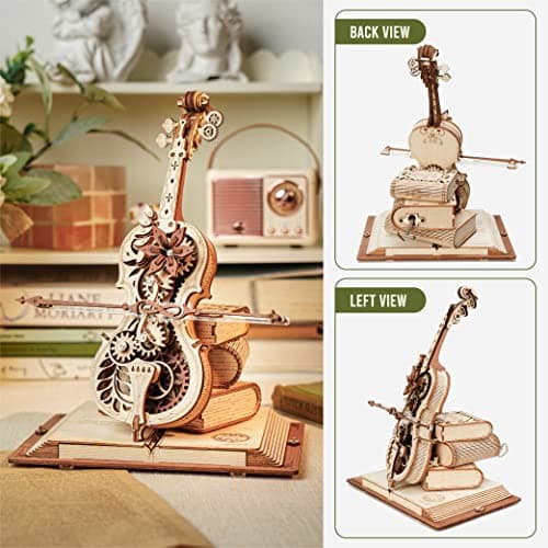 ROBOTIME Puzzle 3D en Bois pour Adultes - Boîte à Musique Violoncelle - Kit de Maquette d'engrenage de Construction - Décoration Exquise Cadeaux