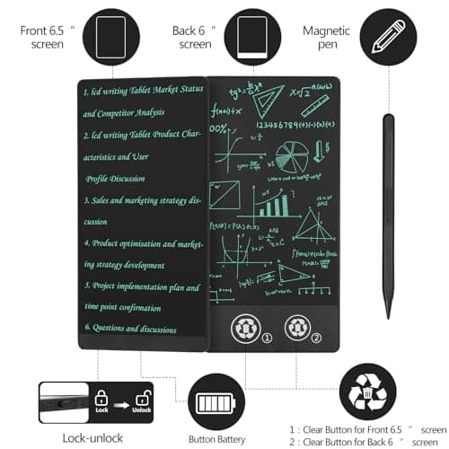 Czemo Double-écran Tablette D'écriture LCD pour Adultes 6,5 pouces + 6,0 pouces, Lignes D'écriture HD de 0,5 mm,Tableau Numérique pour Bureau, Mémo, Agenda