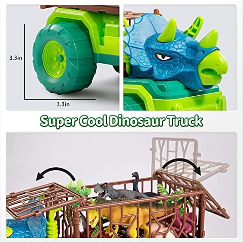 Jouet de Camion de Dinosaure pour Enfants de 3 à 5 Ans, Camion Transporteur de Voiture Triceratops avec 8 Figurines Dino, Tapis de Jeu de Dinosaure de Capture pour garçons