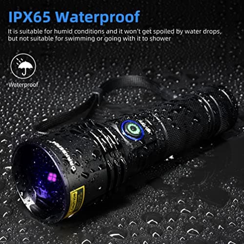 DARKBEAM Lampe Torche UV 365nm Puissante Lumière Noire, LED Lampe de Wood 20W Rechargeable USB C Portable, Lampe de Poche Ultra Violet Détecteur d'urine, Fuite détection, Durcissement en Résine, B14