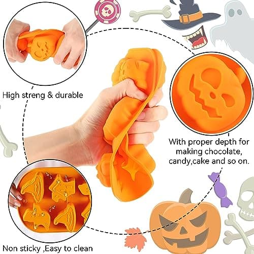 MARUKO Halloween Moule à Chocolat, 4 Pièces Halloween Moule Silicone, Moule Gateau Silicone Citrouille/Crâne/Sorcière/Fantôme en Forme de pour Chocolat, Bonbon, Gelée DIY Moisissure Decorations