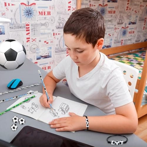XIAQICA 12 Crayons de Football avec Gomme+ 12 Gommes de Football en Plastique + 12 Bracelet Tressé Football Réglable Ensemble Papeterie Football Enfant Remplisseurs de Sacs de Fête de Football