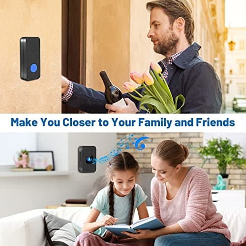 Nestling Sonnette sans Fil, Mini Sonnette de Porte IP55 Exterieur Étanche Kit de Carillon Electronique Portée 300M, 55 Mélodies au 5 Niveaux Volumes, LED Bleu pour Maison Bureau Hôtel Urgence, Noir