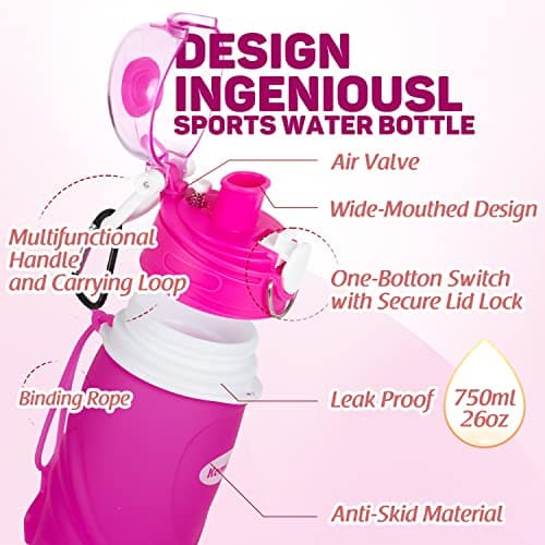 Kemier Bouteilles d'eau Pliables en Silicone de 750 mL,Sans BPA,Approuvées par La FDA.Bouteilles d'eau Pliables Pouvant s’Enrouler Pour Sports et Plein Air,étanches et à l'épreuve Des Fuites(Rose)