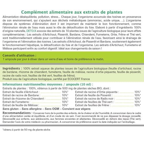 NUTRI EXPERT - Deto-X -Complément alimentaire BIO à base de plantes - Favorise le drainage et l'élimination des toxines - Cure de 20 j - 20 ampoules
