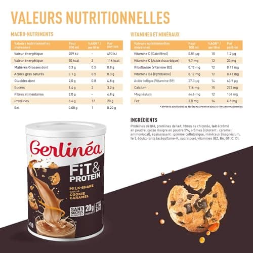 Gerlinéa Fit&Protein - Milk-shake Protéiné Saveur Cookie Caramel - Protéines Après le Sport - Whey Musculation Femme - Sans Sucres Ajoutés - 116 Kcal / portion - 340 g (10 boissons)