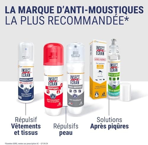 INSECT ECRAN - Spray Anti-Moustiques Répulsif Zones Infestées - 8H -100ml | Protection contre les piqûres de moustiques - 100% efficace sur le moustique tigre*- Formulé avec du Deet** - Dès 24 mois