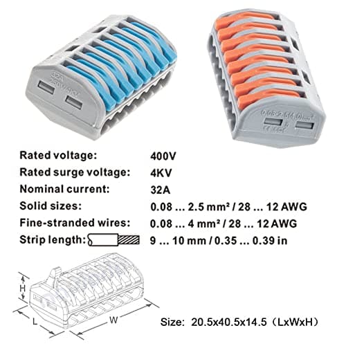 Lot de 10 bornes de câblage universelle compactes, maidodo mini connecteurs rapides à pousser 8 entrées, deux couleurs domino electrique 8 entrées rigide et souple
