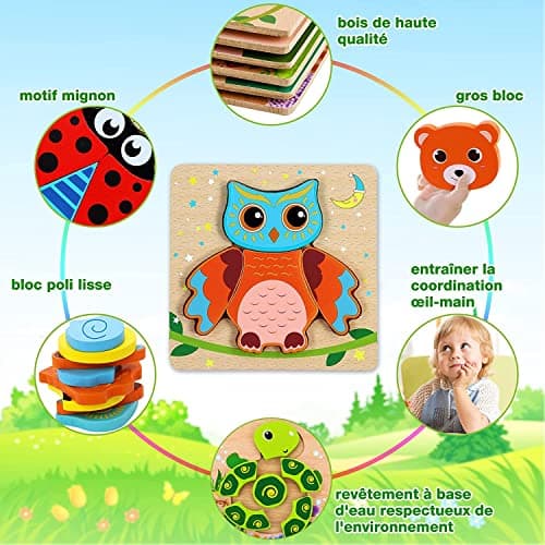 lenbest Puzzle Bois Enfant - 6PCS Jouet Montessori Puzzles - Jouet Enfant Puzzle 1 Jeu 2 3 an Ans - Jeux Educatif Animaux Puzzle à Encastrement - Cadeau Enfant Bebe Fille Garçon 1 Jeu 2 3 an Ans